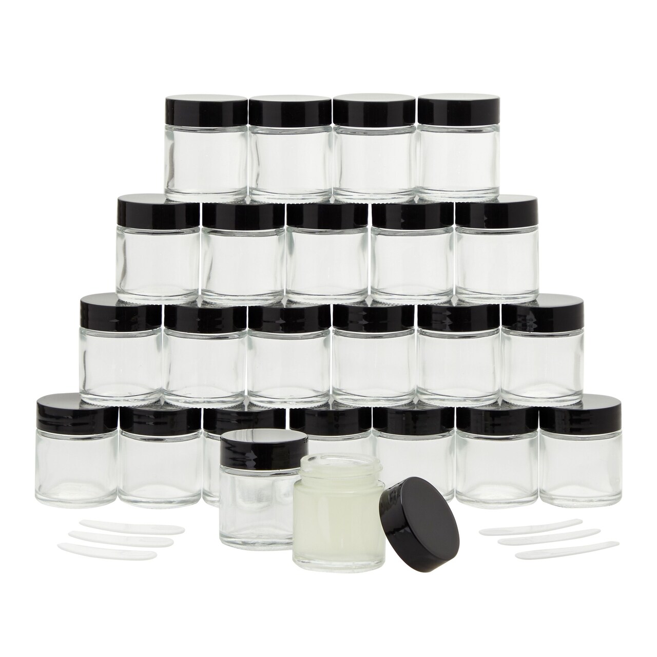 24 Pack Small Glass Containers with Lids 1 oz, Empty Jars with 6 Spatulas  for Creams, Cosmetics, DIY Ointments, Mixing (30ml)